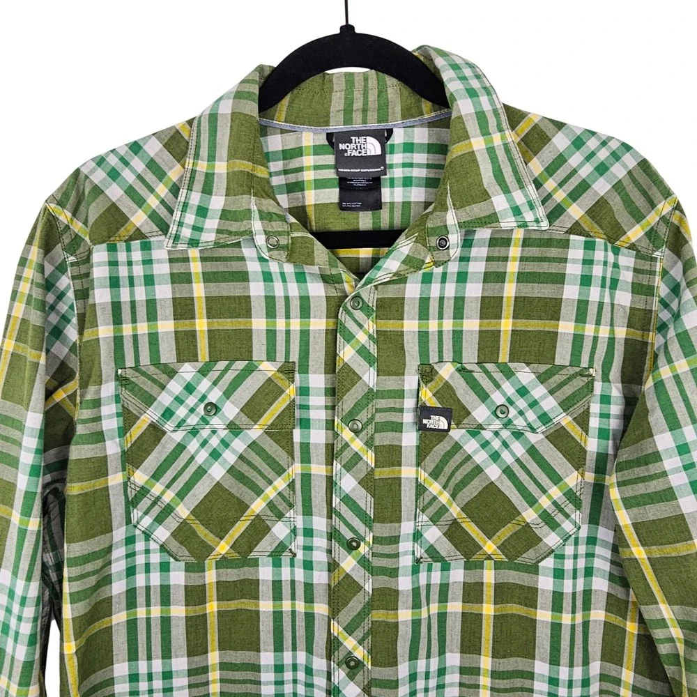 The North Face Mens Plaid Long Sleeve Snap Front Shirt Green White Yellow Medium